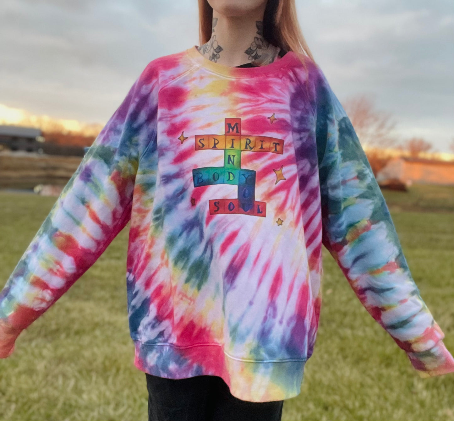 Rainbow Mind, Body, Soul, YOU Crossword Tie Dye Sweatshirt XXL