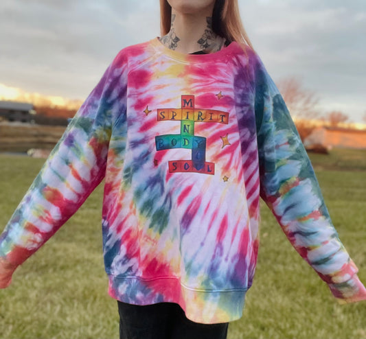 Rainbow Mind, Body, Soul, YOU Crossword Tie Dye Sweatshirt XXL