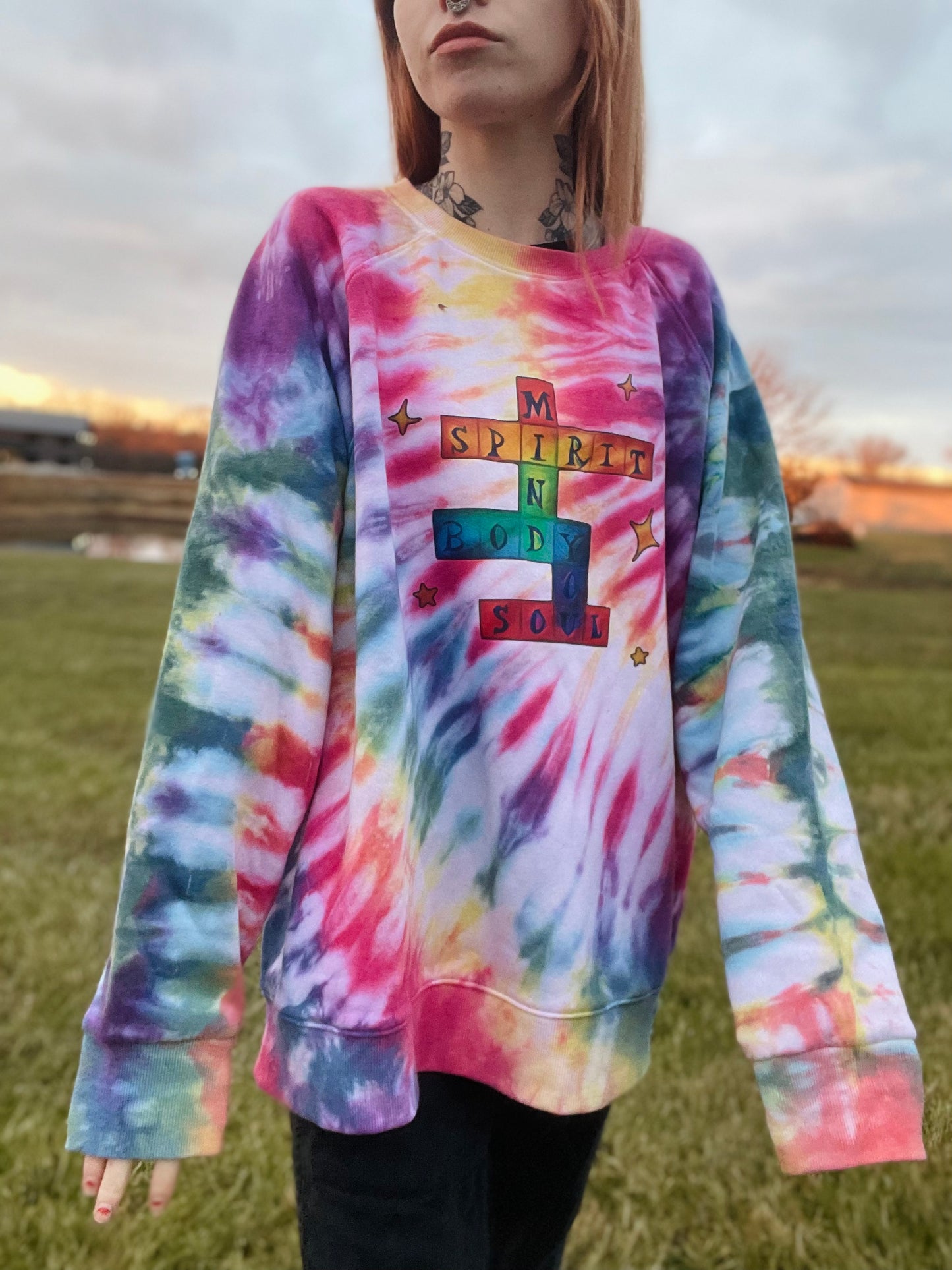 Rainbow Mind, Body, Soul, YOU Crossword Tie Dye Sweatshirt XXL