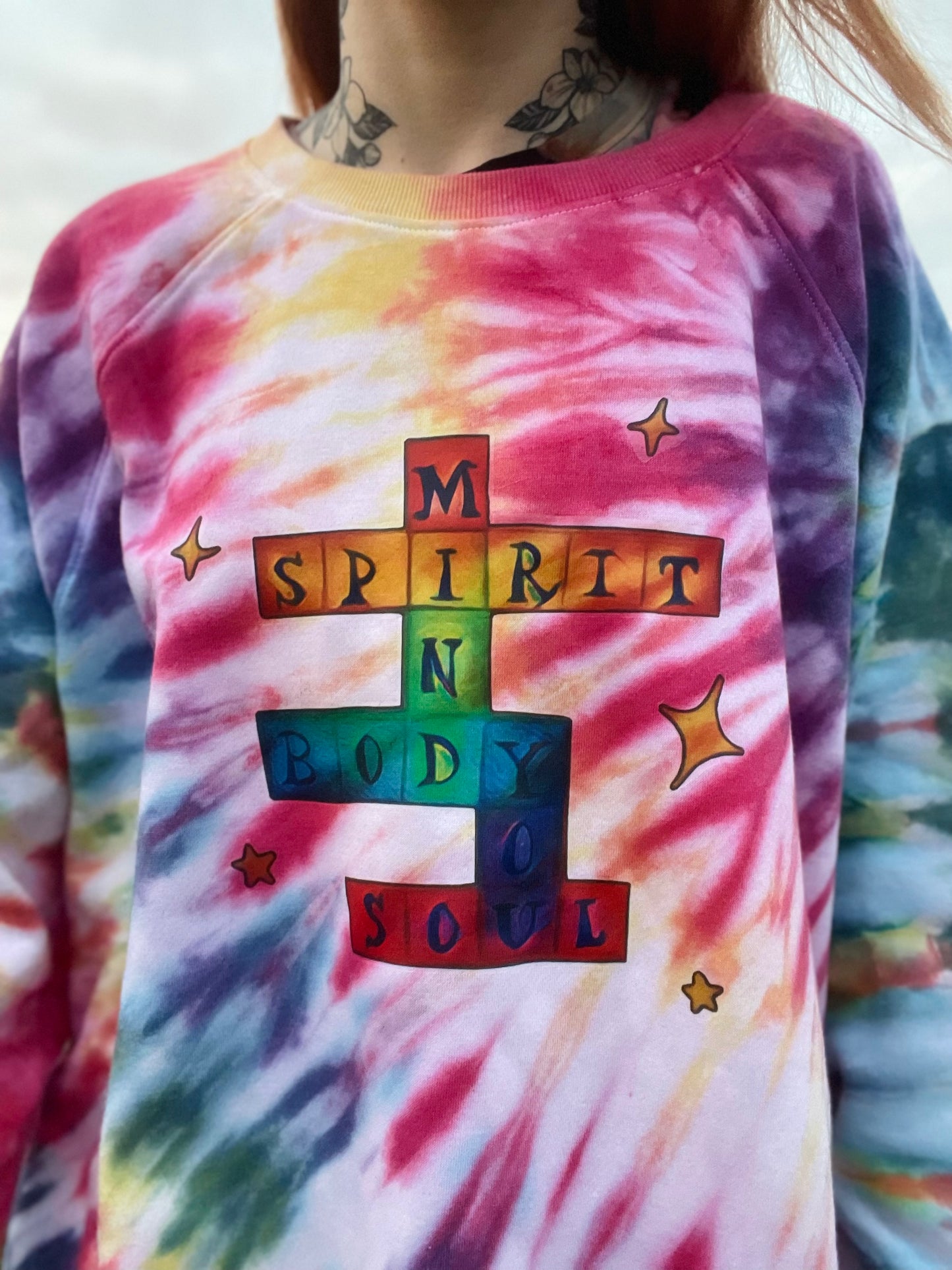 Rainbow Mind, Body, Soul, YOU Crossword Tie Dye Sweatshirt XXL