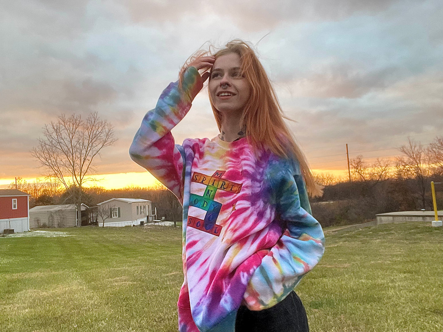 Rainbow Mind, Body, Soul, YOU Crossword Tie Dye Sweatshirt XXL