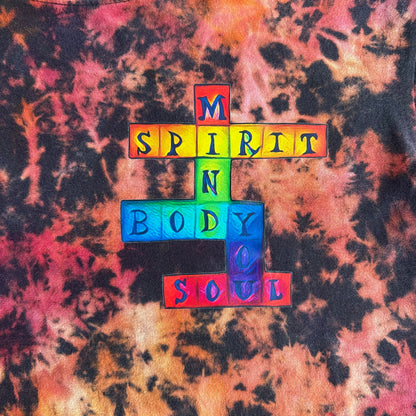 Mind, Body, Spirit, YOU "Spiritual Crossword" Small Unisex Ice Dyed T-shirt