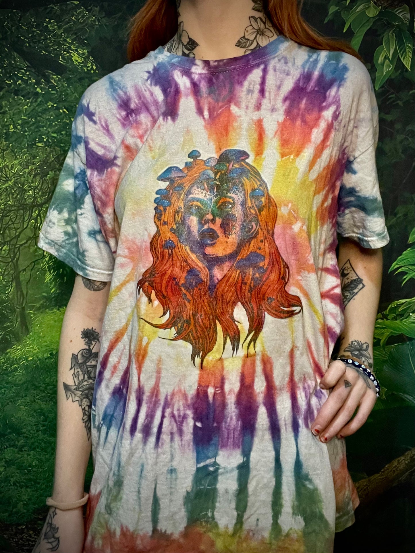 Mushroom Fungi Goddess Rainbow Tie Dye Tee T-Shirt Large