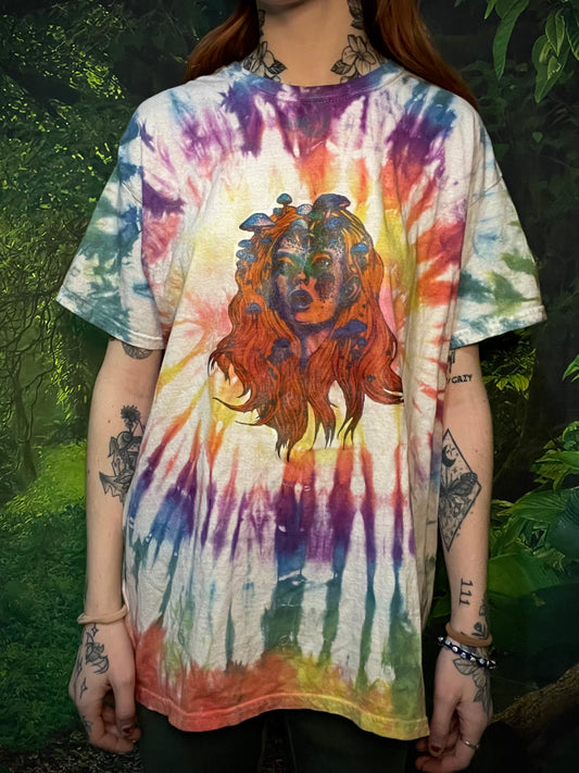 Mushroom Fungi Goddess Rainbow Tie Dye Tee T-Shirt Large
