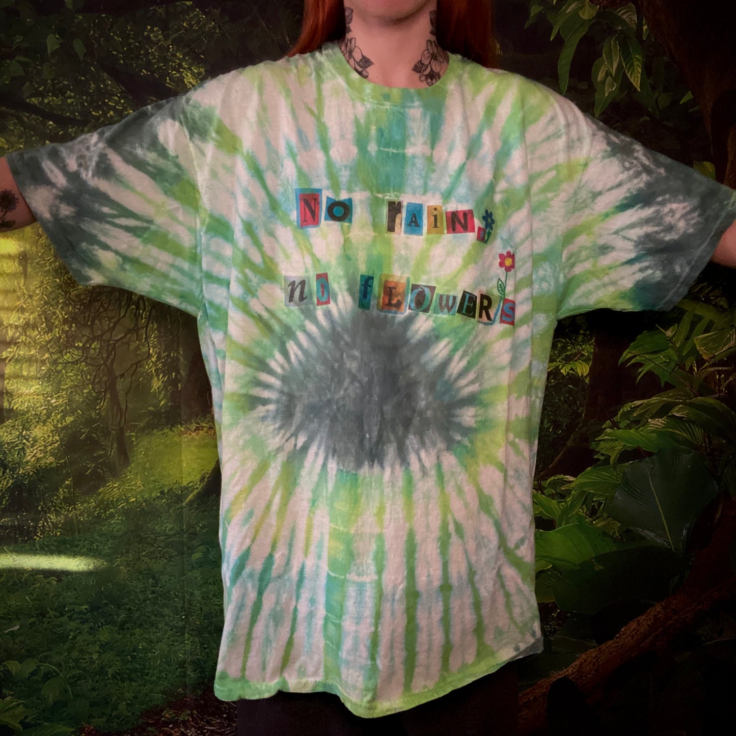 'No Rain, No Flowers' XL Green Tie Dye T-Shirt Tee