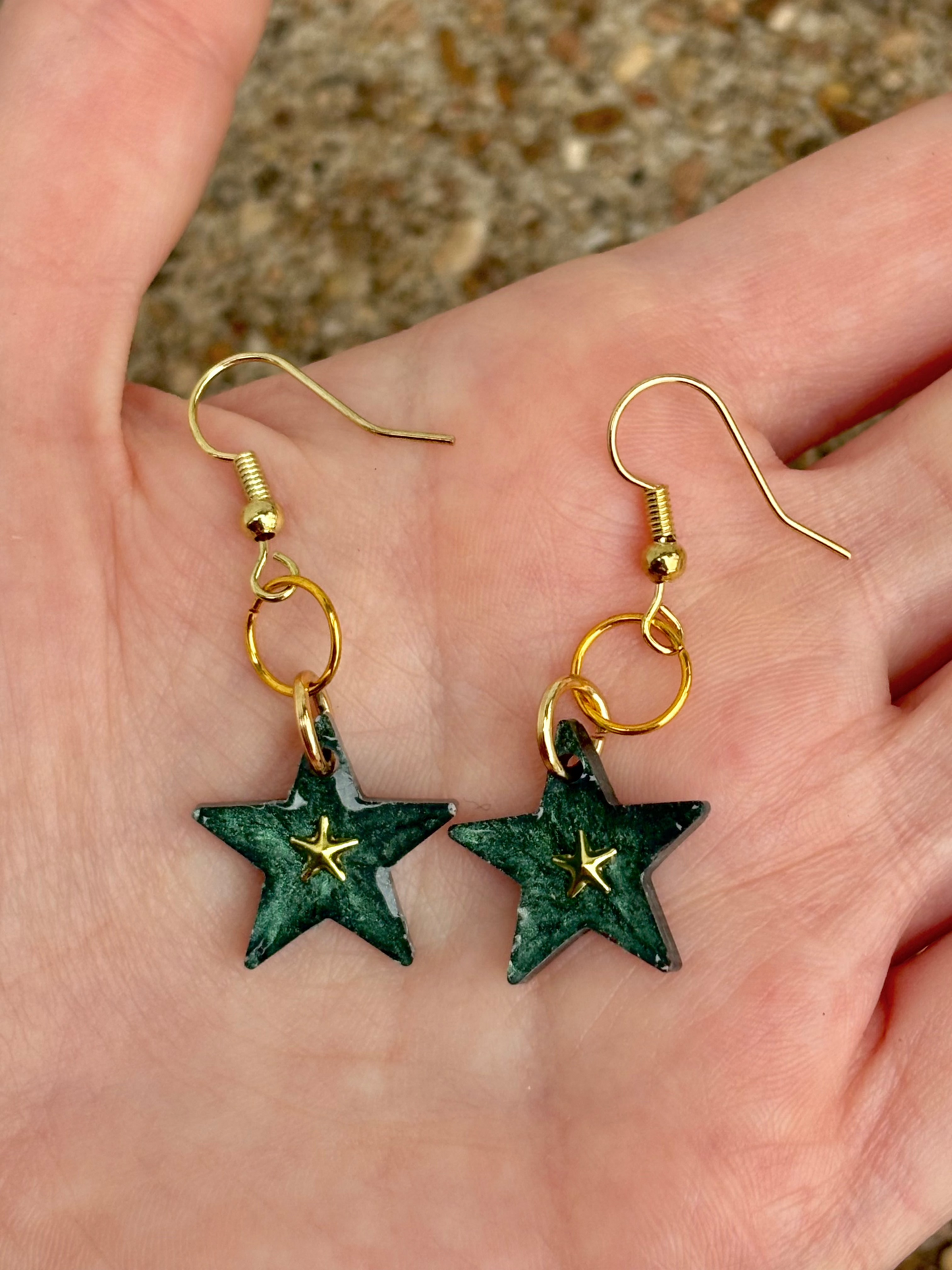 Shiny Emerald Green Golden Star Whimsy Earrings