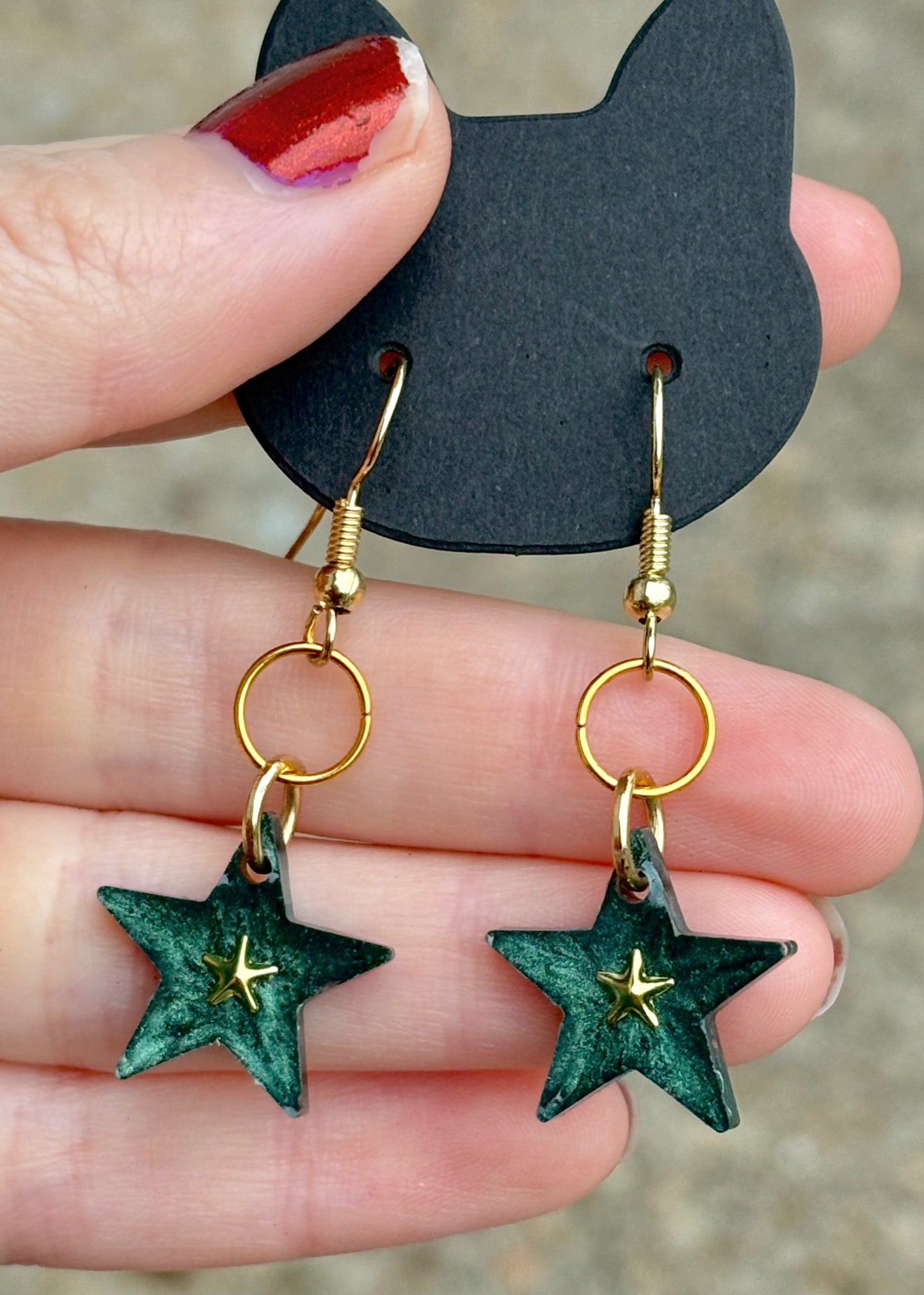 Shiny Emerald Green Golden Star Whimsy Earrings