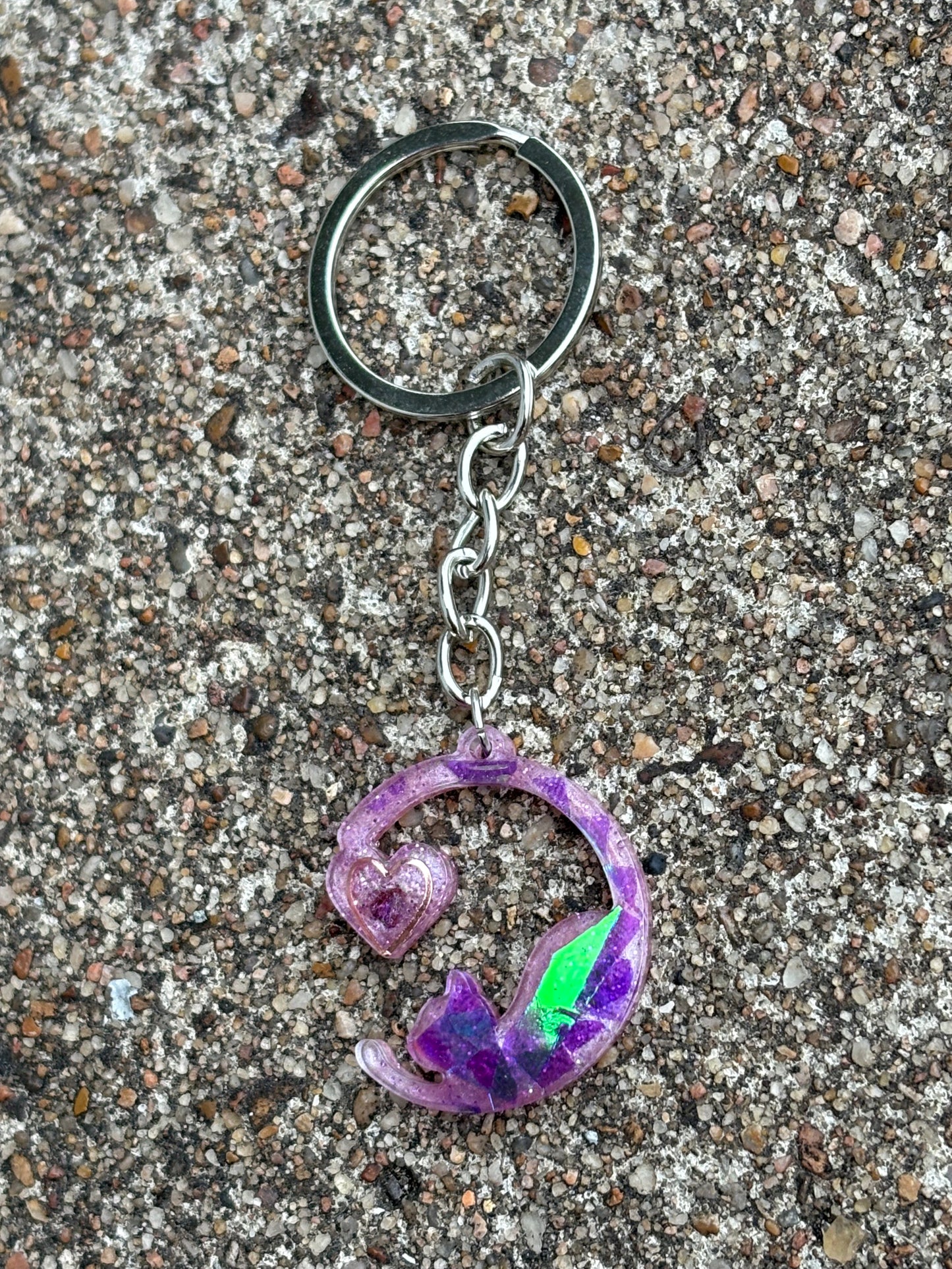 Holographic Cat Crescent Moon With Heart Silver Keychain