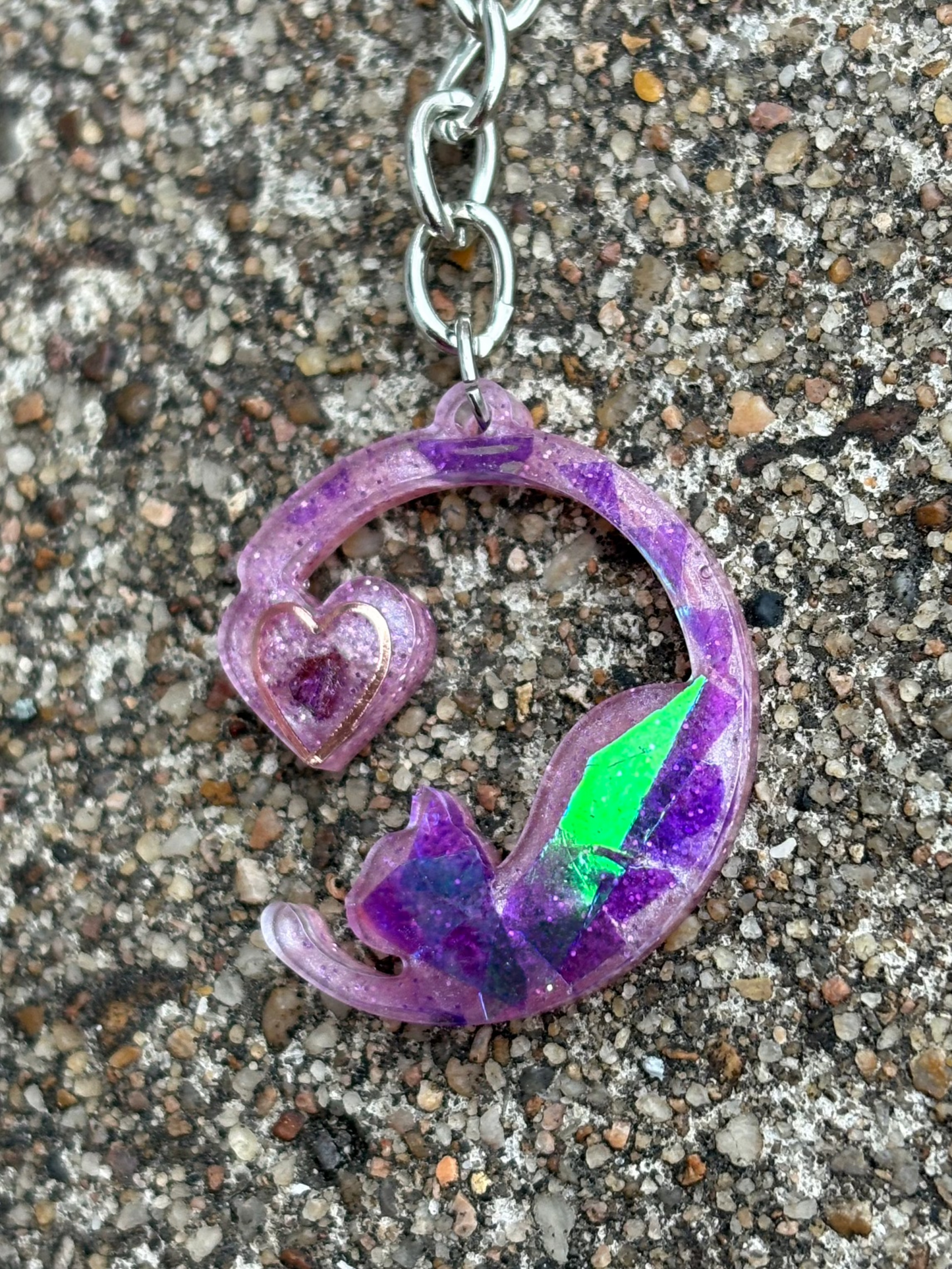 Holographic Cat Crescent Moon With Heart Silver Keychain