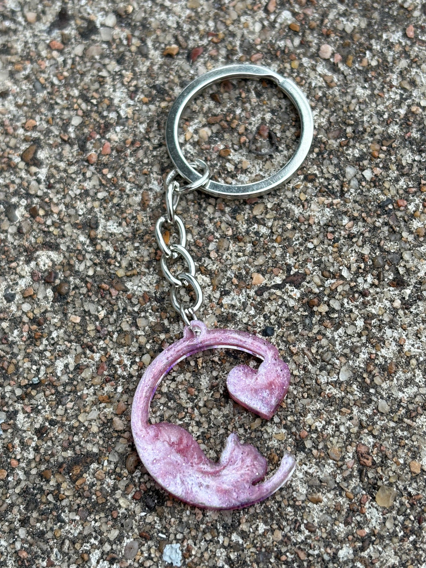 Holographic Cat Crescent Moon With Heart Silver Keychain