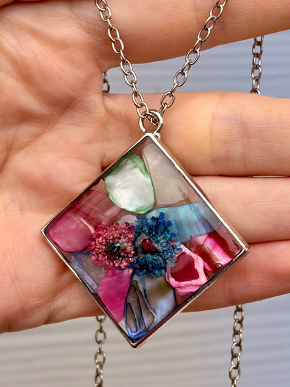 Blossom & Gemstone Silver Mosaic Crystals Pressed Flower Necklace