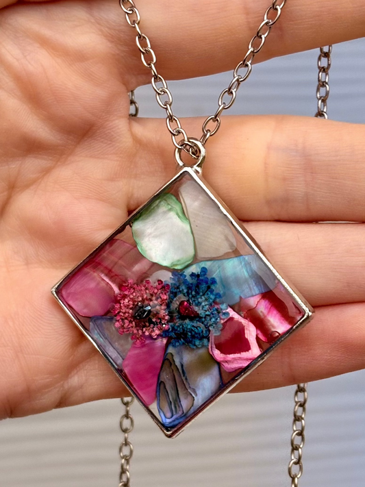 Blossom & Gemstone Silver Mosaic Crystals Pressed Flower Necklace