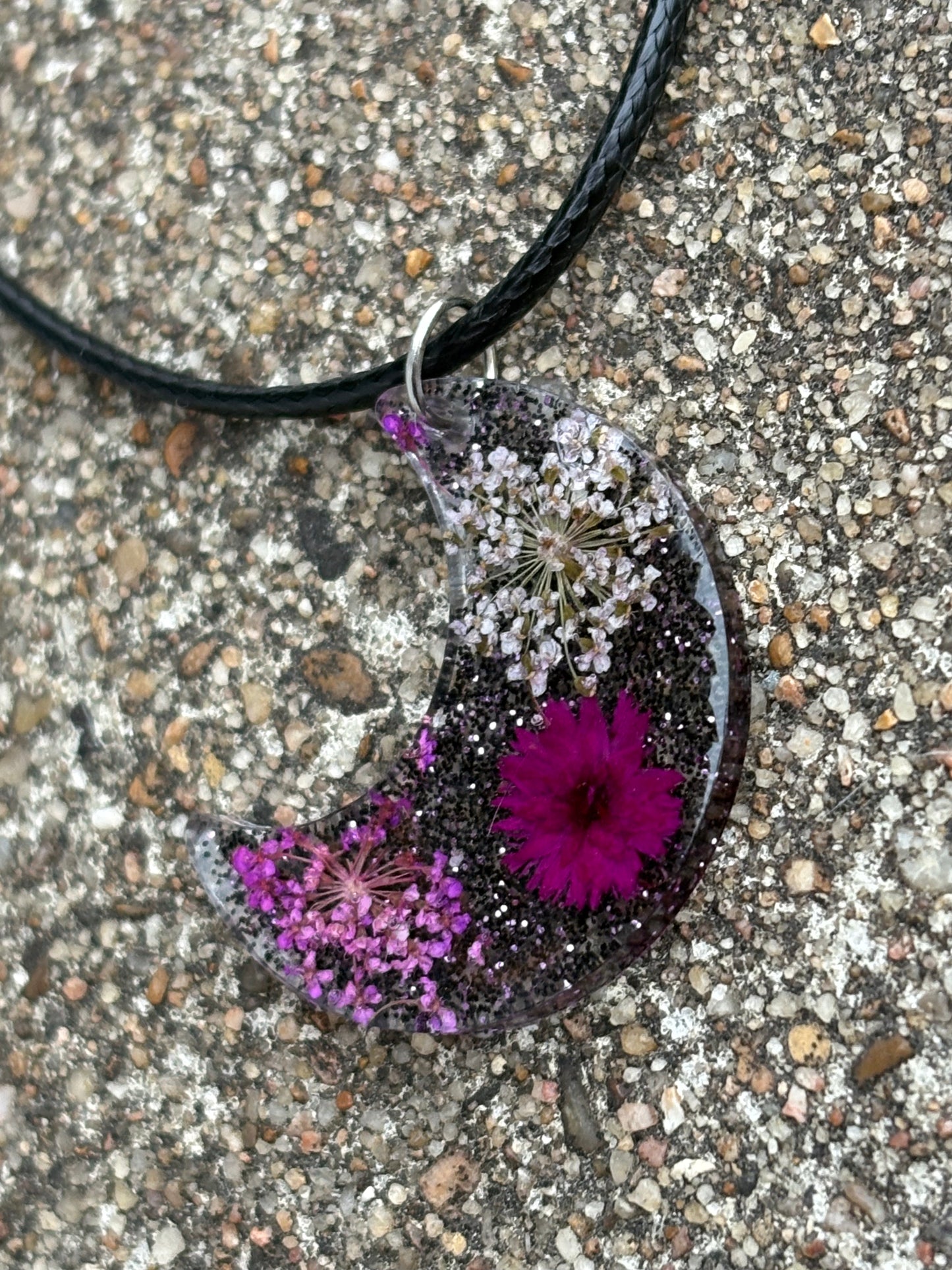 Crescent Magic Moon Pressed Flower Handmade Nature Necklace