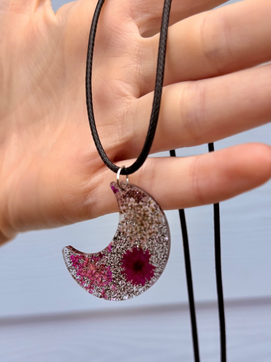 Crescent Magic Moon Pressed Flower Handmade Nature Necklace