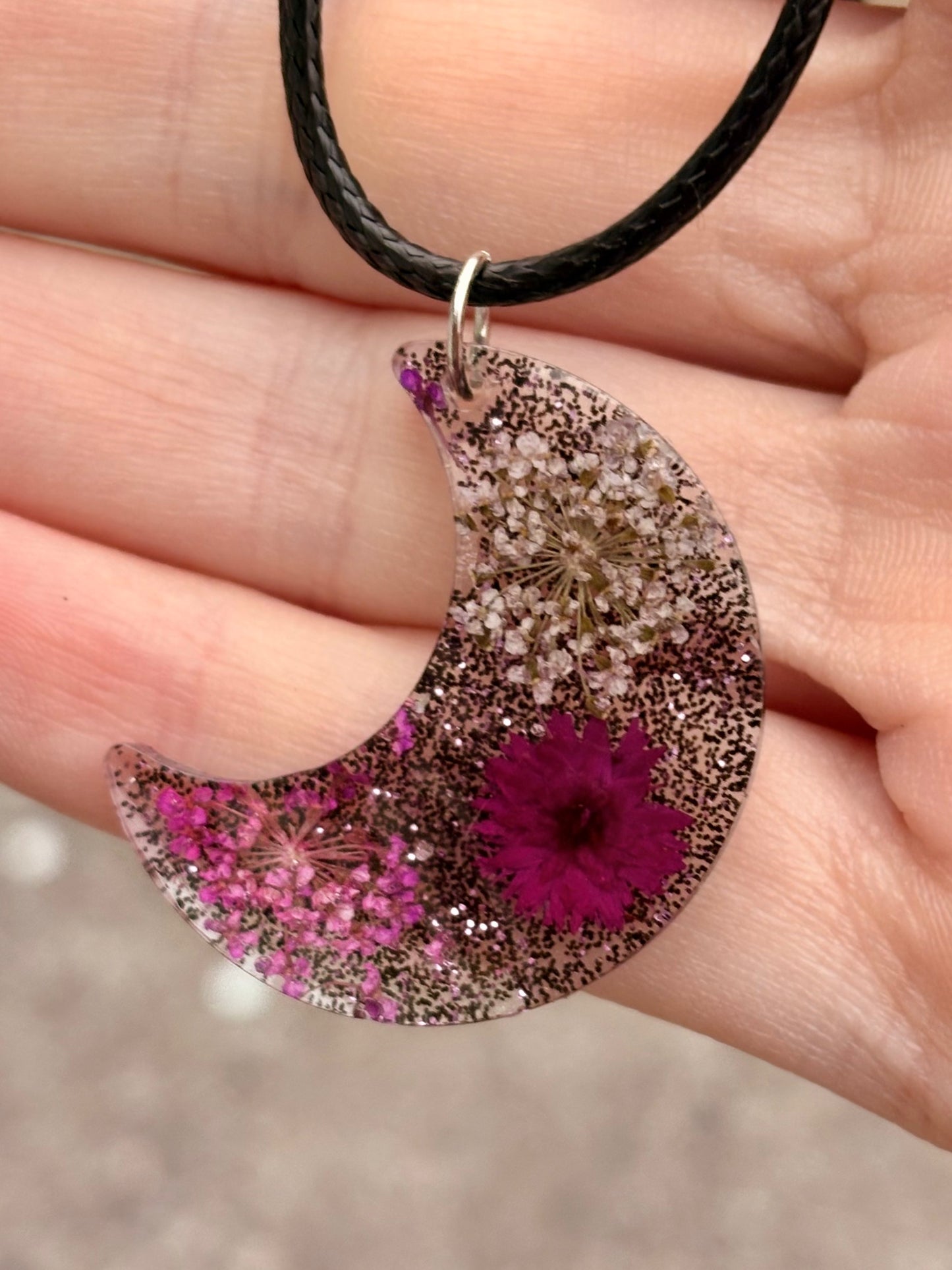 Crescent Magic Moon Pressed Flower Handmade Nature Necklace