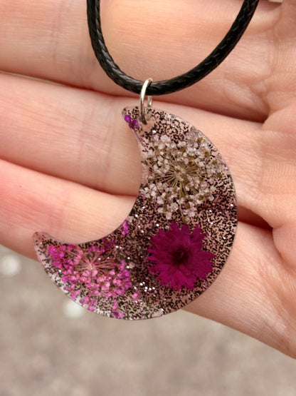 Crescent Magic Moon Pressed Flower Handmade Nature Necklace